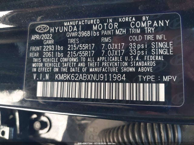 KM8K62ABXNU911984 Hyundai Kona Sel