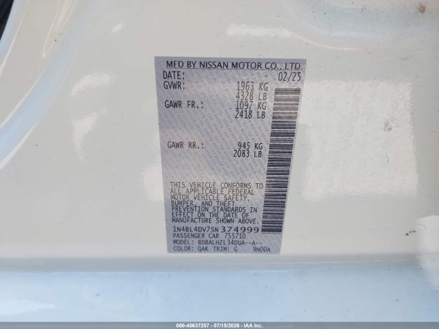 1N4BL4DV7SN374999 Nissan Altima Sv Fwd
