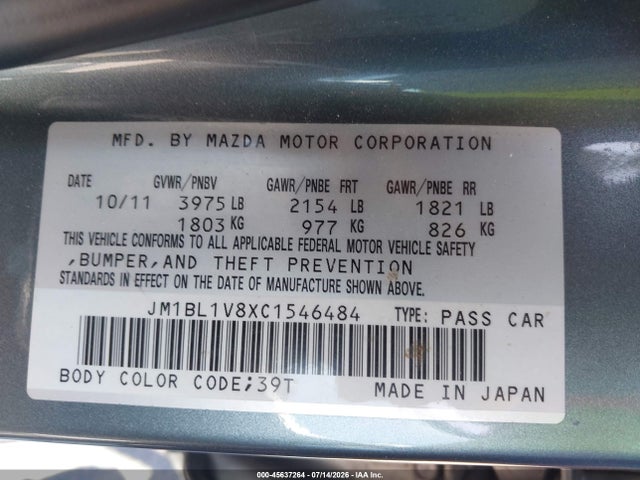 45637264 :رقم المزاد ، JM1BL1V8XC1546484 vin ، 2012 Mazda Mazda3 I Touring مزاد بيع