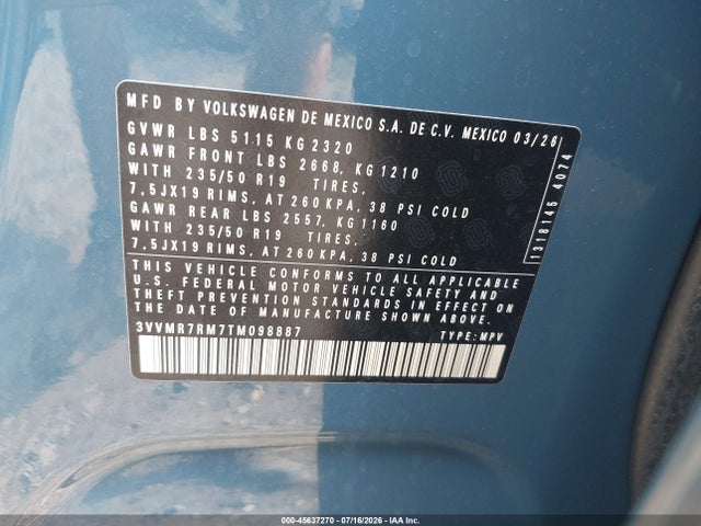 Продажа на аукционе авто 2026 Volkswagen Tiguan Se, vin: 3VVMR7RM7TM098887, номер лота: 45637270