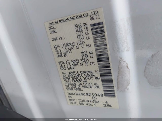 Продажа на аукционе авто 2021 Nissan Rogue Sv Fwd, vin: 5N1AT3BA7MC805948, номер лота: 45637276