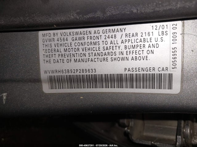2002 Volkswagen Passat Glx მანქანა იყიდება აუქციონზე, vin: WVWRH63B92P289633, აუქციონის ნომერი: 45637281