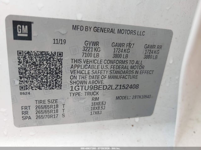 Auction sale of the 2020 Gmc Sierra 1500 4wd  Short Box Sle, vin: 1GTU9BED2LZ152408, lot number: 45637288