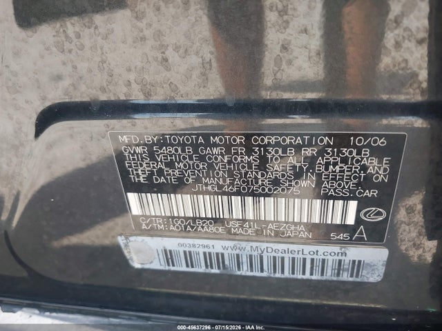 45637296 :رقم المزاد ، JTHGL46F075002075 vin ، 2007 Lexus Ls 460 L مزاد بيع