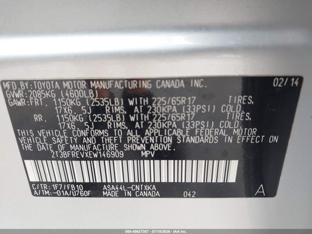 2T3BFREVXEW146909 Toyota RAV4 LE
