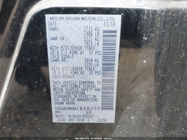 Aukcja sprzedaży 2014 Nissan Pathfinder S, vin: 5N1AR2MN8EC658257, numer aukcji: 45637310