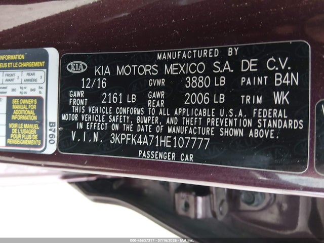 Aukcja sprzedaży 2017 Kia Forte Lx, vin: 3KPFK4A71HE107777, numer aukcji: 45637317