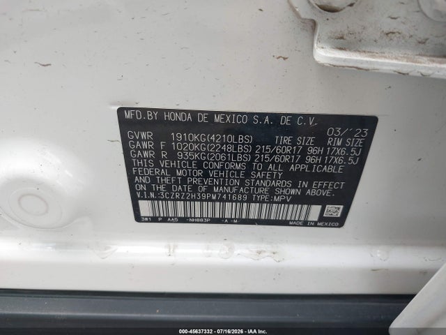 3CZRZ2H39PM741689 Honda Hr-v Awd Lx