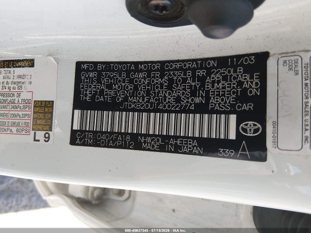 Auction sale of the 2004 Toyota Prius, vin: JTDKB20U140022774, lot number: 45637345