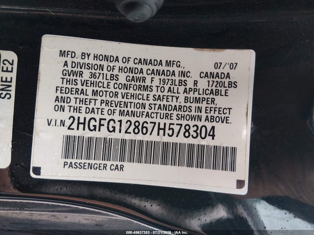 Продаж на аукціоні авто 2007 Honda Civic Ex, vin: 2HGFG12867H578304, номер лоту: 45637353