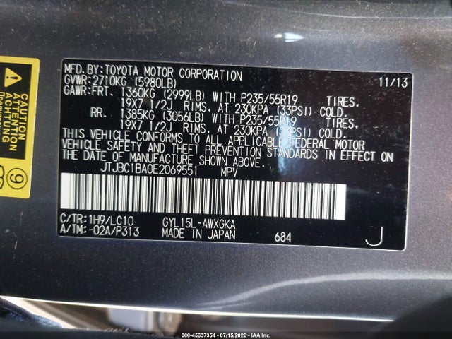 45637354 :رقم المزاد ، JTJBC1BA0E2069551 vin ، 2014 Lexus Rx 450h مزاد بيع