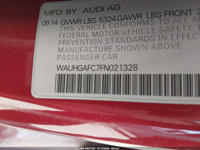 45637362 :رقم المزاد ، WAUHGAFC7FN021328 vin ، 2015 Audi A6 3.0t Premium Plus مزاد بيع