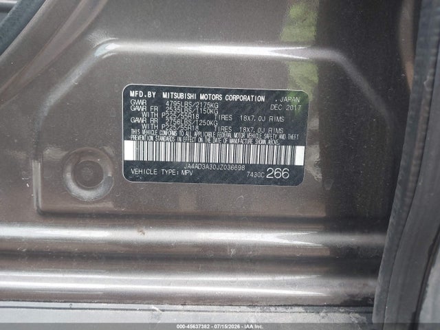 45637382 :رقم المزاد ، JA4AD3A30JZ036698 vin ، 2018 Mitsubishi Outlander Sel مزاد بيع