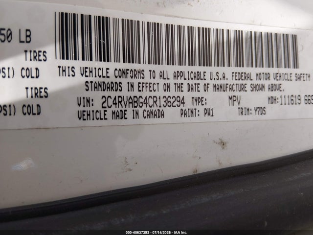 45637393 :رقم المزاد ، 2C4RVABG4CR136294 vin ، 2012 Volkswagen Routan Se مزاد بيع