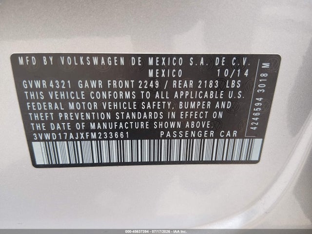 Aukcja sprzedaży 2015 Volkswagen Jetta 1.8t Se, vin: 3VWD17AJXFM233661, numer aukcji: 45637394
