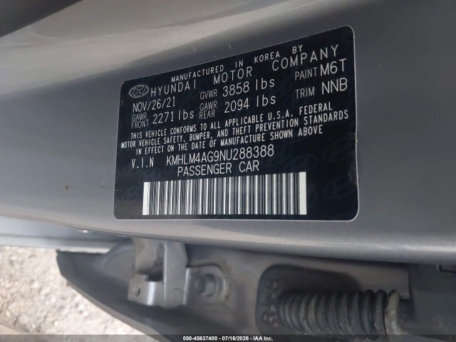 Aukcja sprzedaży 2022 Hyundai Elantra Sel, vin: KMHLM4AG9NU288388, numer aukcji: 45637400