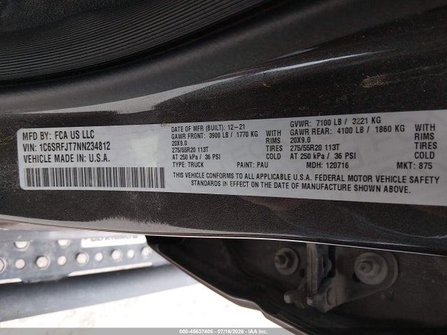 1C6SRFJT7NN234812 RAM 1500 Laramie 4x4 5&#039;7 Box