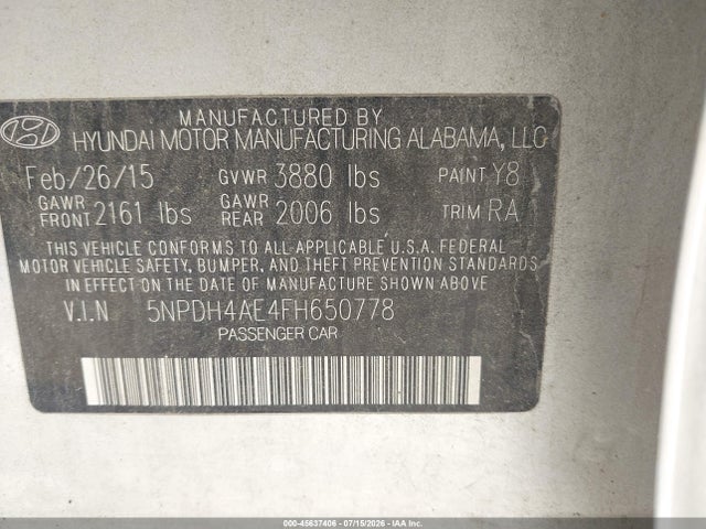 Продажа на аукционе авто 2015 Hyundai Elantra Se, vin: 5NPDH4AE4FH650778, номер лота: 45637406
