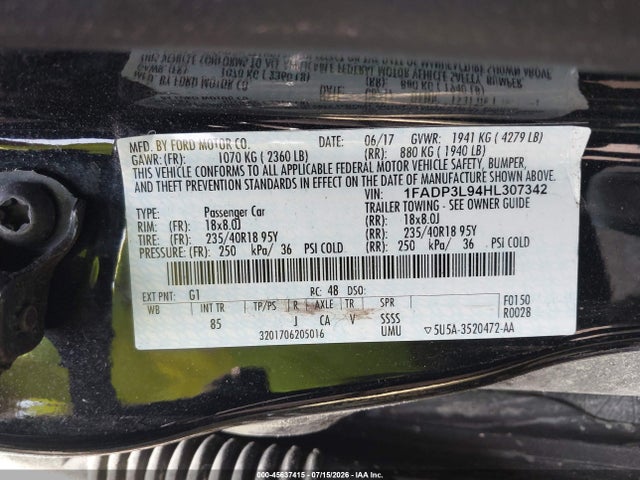 2017 Ford Focus მანქანა იყიდება აუქციონზე, vin: 1FADP3L94HL307342, აუქციონის ნომერი: 45637415