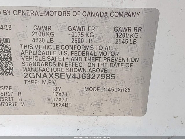 2018 Chevrolet Equinox Lt მანქანა იყიდება აუქციონზე, vin: 2GNAXSEV4J6327985, აუქციონის ნომერი: 45637416