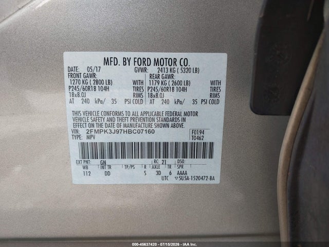 Продаж на аукціоні авто 2017 Ford Edge Sel, vin: 2FMPK3J97HBC07160, номер лоту: 45637420
