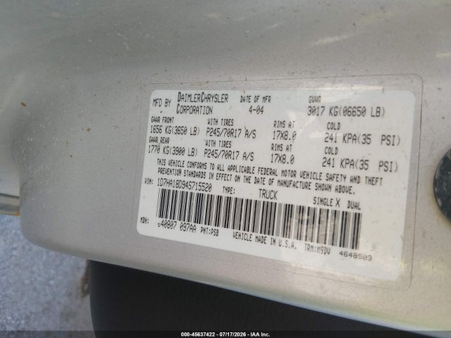 Aukcja sprzedaży 2004 Dodge Ram 1500 Slt/laramie, vin: 1D7HA18D94S715520, numer aukcji: 45637422
