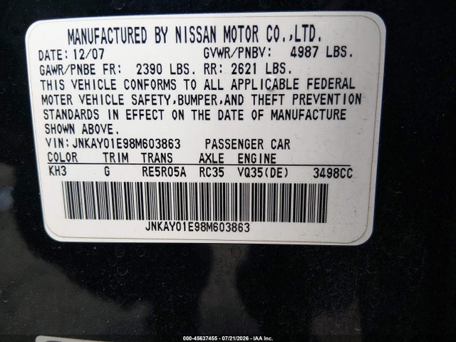 Продаж на аукціоні авто 2008 Infiniti M35, vin: JNKAY01E98M603863, номер лоту: 45637455