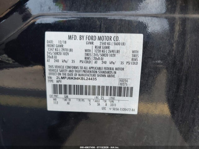 Продаж на аукціоні авто 2019 Lincoln Nautilus Select, vin: 2LMPJ6K94KBL24435, номер лоту: 45637456