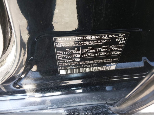 45637470 :رقم المزاد ، 4JGAB74E41A258879 vin ، 2001 Mercedes-benz Ml 55 Amg مزاد بيع