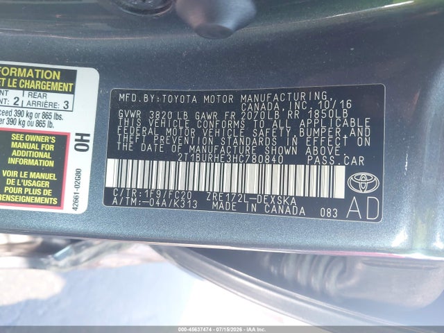 45637474 :رقم المزاد ، 2T1BURHE3HC780840 vin ، 2017 Toyota Corolla Se مزاد بيع