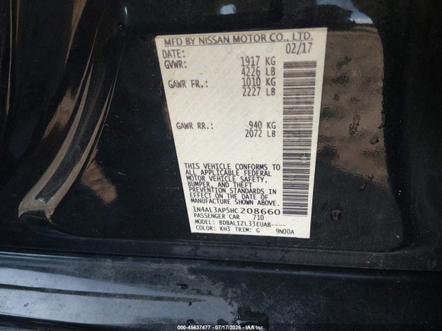 Продажа на аукционе авто 2017 Nissan Altima 2.5 Sv, vin: 1N4AL3AP5HC208660, номер лота: 45637477