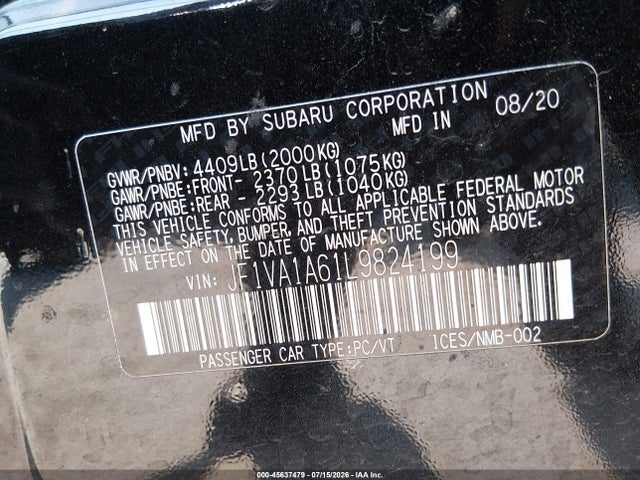 45637479 :رقم المزاد ، JF1VA1A61L9824199 vin ، 2020 Subaru Wrx مزاد بيع