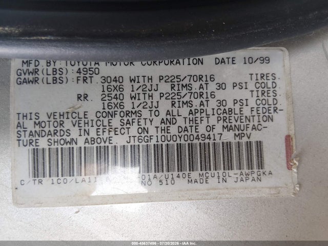 Auction sale of the 2000 Lexus Rx 300, vin: JT6GF10U0Y0049417, lot number: 45637496