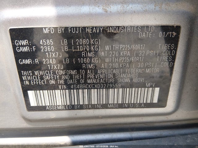 Продаж на аукціоні авто 2013 Subaru Outback 2.5i Limited, vin: 4S4BRCKCXD3279559, номер лоту: 45637500
