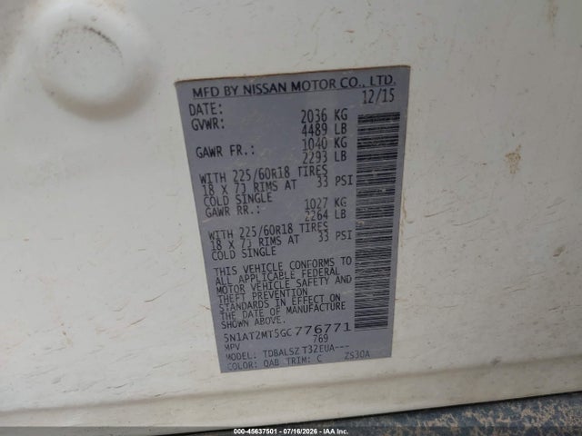 Aukcja sprzedaży 2016 Nissan Rogue Sl, vin: 5N1AT2MT5GC776771, numer aukcji: 45637501