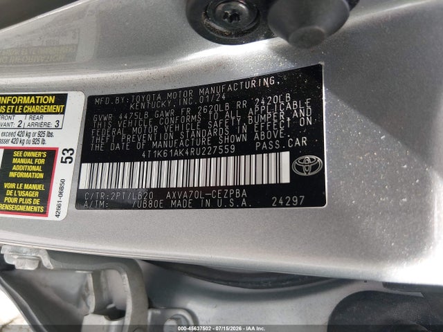 2024 Toyota Camry Xse მანქანა იყიდება აუქციონზე, vin: 4T1K61AK4RU227559, აუქციონის ნომერი: 45637502