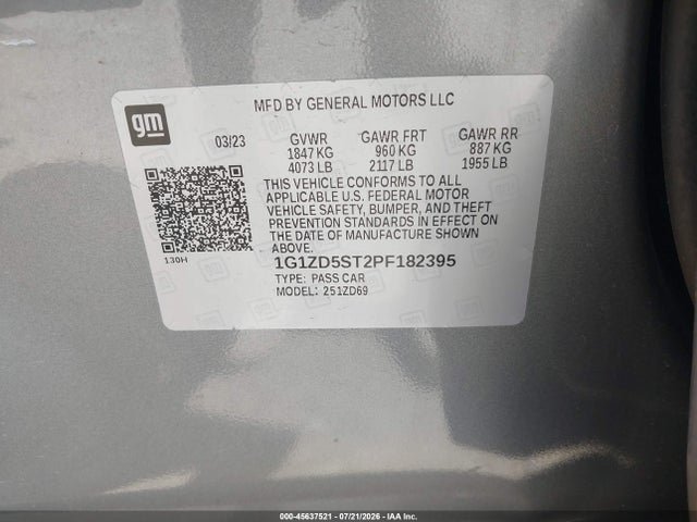 45637521 :رقم المزاد ، 1G1ZD5ST2PF182395 vin ، 2023 Chevrolet Malibu Fwd 1lt مزاد بيع