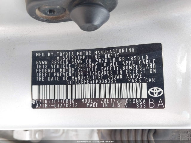 45637520 :رقم المزاد ، 5YFBURHE4FP339392 vin ، 2015 Toyota Corolla Le مزاد بيع