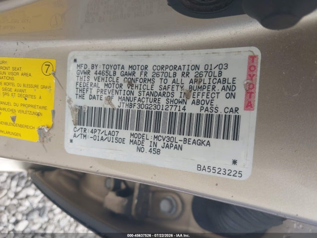 Aukcja sprzedaży 2003 Lexus Es 300, vin: JTHBF30G230127714, numer aukcji: 45637526