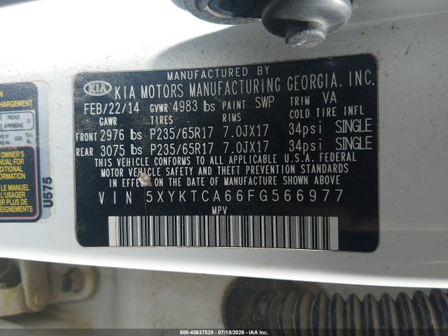 45637528 :رقم المزاد ، 5XYKTCA66FG566977 vin ، 2015 Kia Sorento Lx مزاد بيع