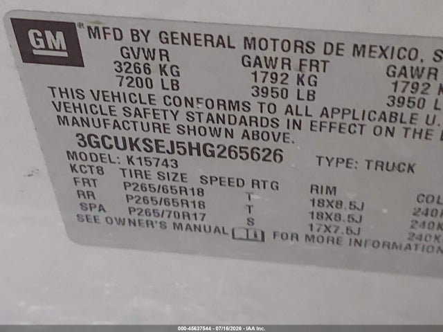 2017 Chevrolet Silverado 1500 Ltz მანქანა იყიდება აუქციონზე, vin: 3GCUKSEJ5HG265626, აუქციონის ნომერი: 45637544