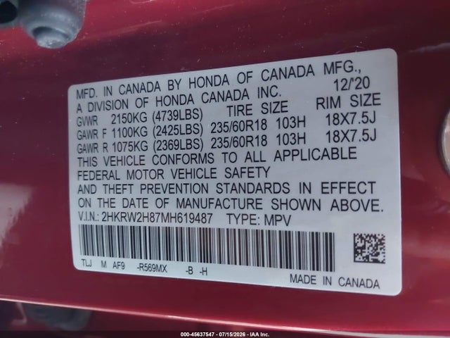 2HKRW2H87MH619487 Honda Cr-v Awd Ex-l