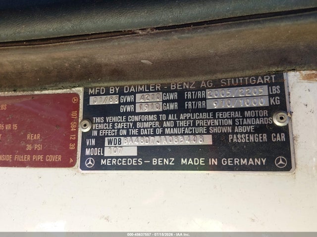 1988 Mercedes-benz 560 Sl მანქანა იყიდება აუქციონზე, vin: WDBBA48D7JA083408, აუქციონის ნომერი: 45637557