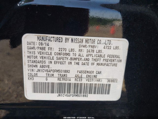 Aukcja sprzedaży 2015 Infiniti Q40, vin: JN1CV6AP0FM501892, numer aukcji: 45637559