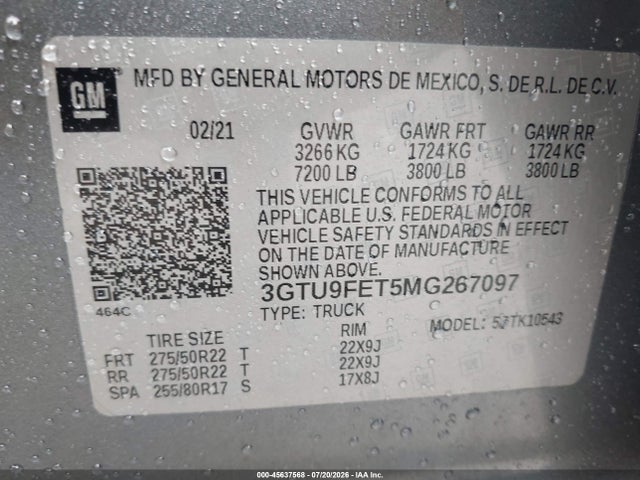 45637568 :رقم المزاد ، 3GTU9FET5MG267097 vin ، 2021 Gmc Sierra 1500 4wd  Short Box Denali مزاد بيع