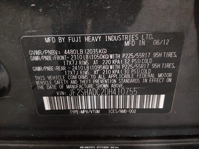 2013 Subaru Forester 2.5x Premium მანქანა იყიდება აუქციონზე, vin: JF2SHADC2DH410755, აუქციონის ნომერი: 45637573