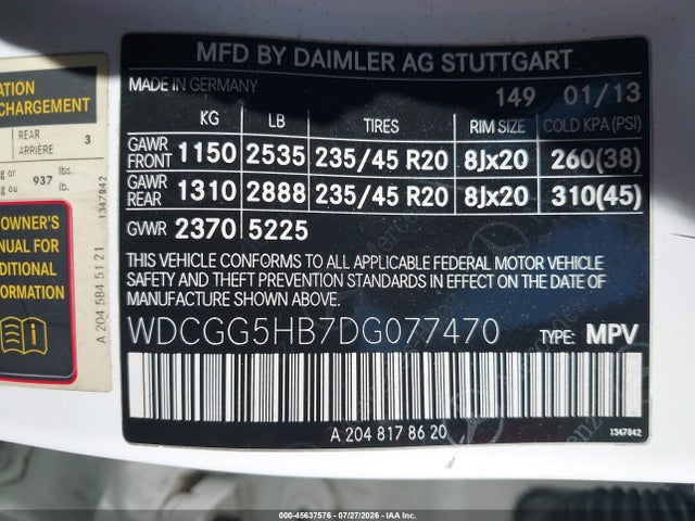 Aukcja sprzedaży 2013 Mercedes-benz Glk 350, vin: WDCGG5HB7DG077470, numer aukcji: 45637576