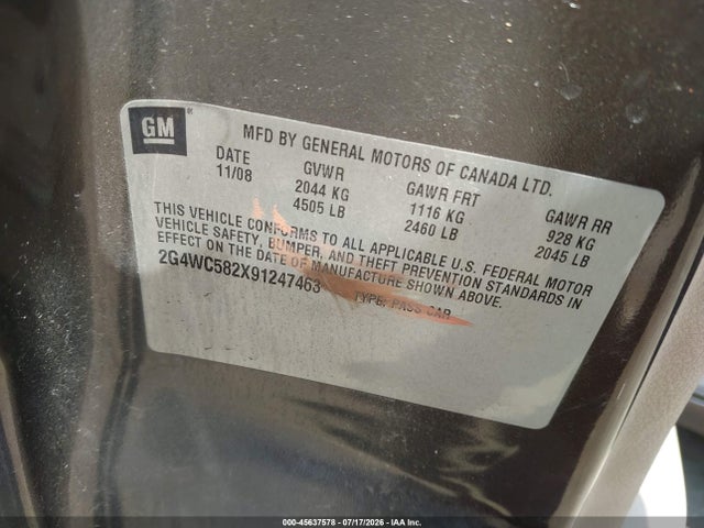 45637578 :رقم المزاد ، 2G4WC582X91247463 vin ، 2009 Buick Lacrosse Cx مزاد بيع