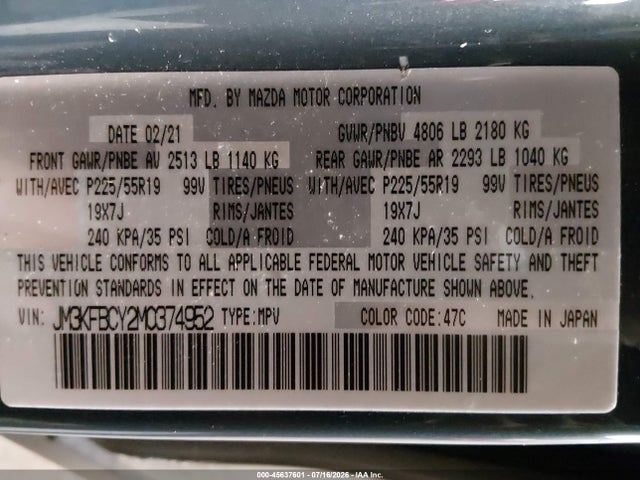 Aukcja sprzedaży 2021 Mazda Cx-5 Carbon Edition Turbo, vin: JM3KFBCY2M0374952, numer aukcji: 45637601