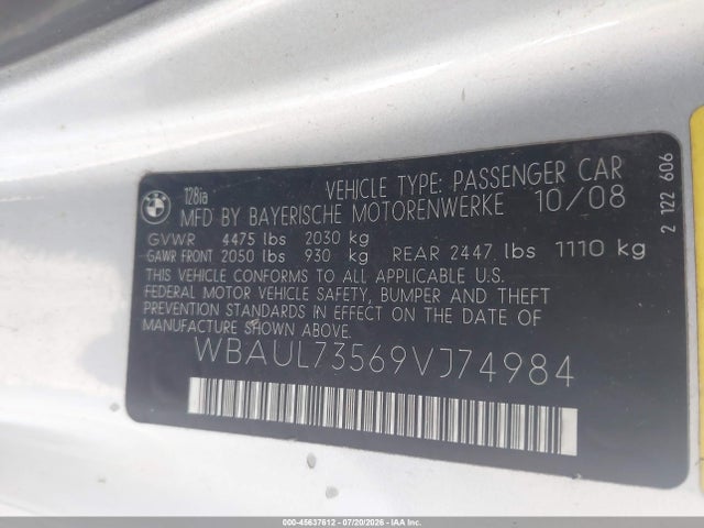 Продаж на аукціоні авто 2009 Bmw 128i, vin: WBAUL73569VJ74984, номер лоту: 45637612